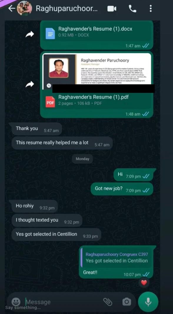 Client message: this resume really helped me a lot — got selected in Centillion