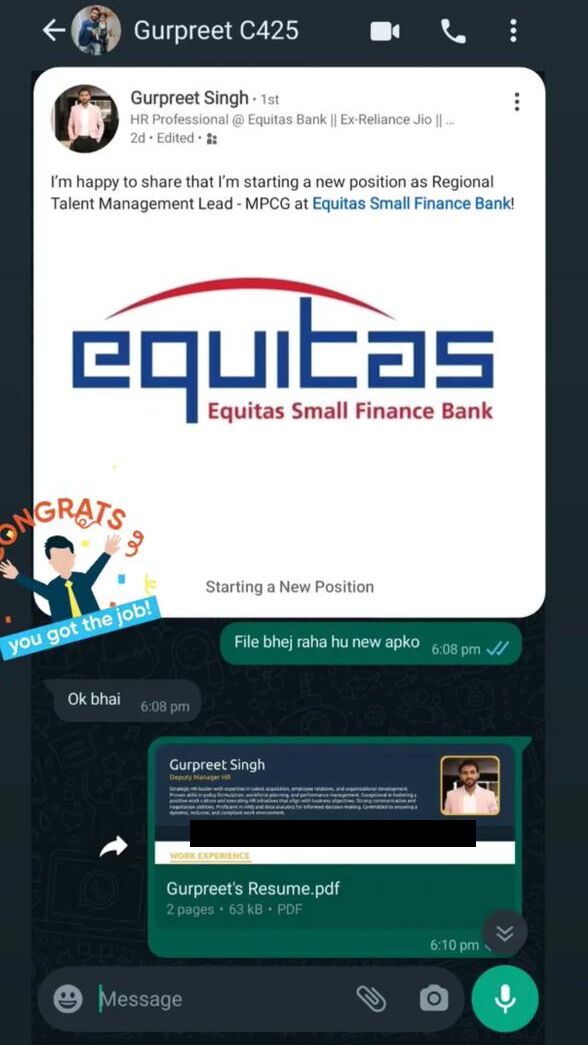 Client started a new position as Regional Talent Management Lead at Equitas Small Finance Bank
