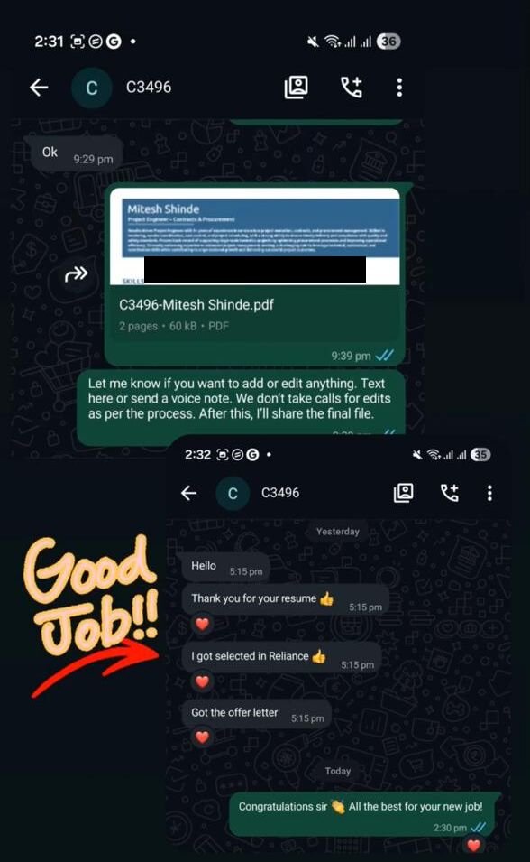 Client message: thank you for your resume, I got selected in Reliance and got the offer letter